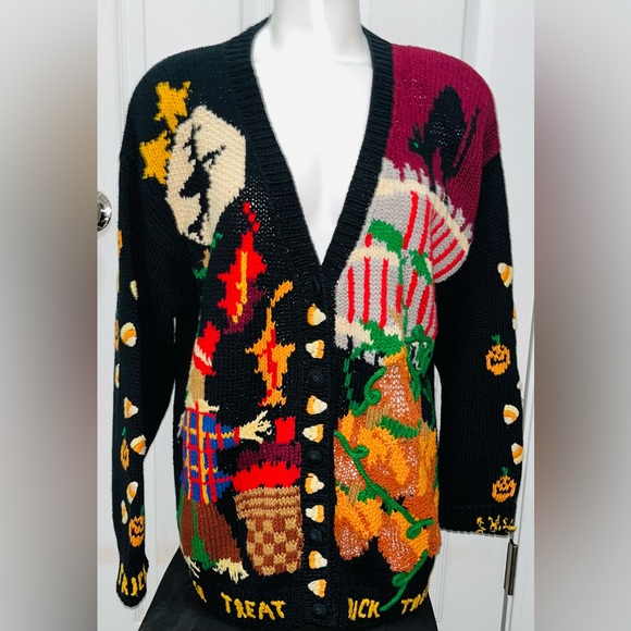 Susan Bristol Sweaters - Vintage 1993 Susan Bristol Hand Knit Halloween Cardigan size XL